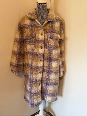 Talulah Cozy Plaid Teddy Shacket Jacket Womens Small Neutral Boucle Coat